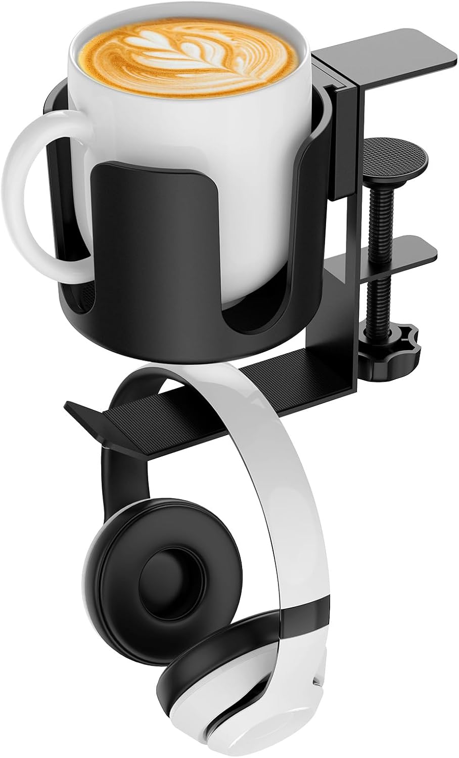 Desk Cup Holder Clip On 360° Rotating Clamp,Deeper Anti-Spill Drink Holders for Water Bottles & Coffee Mugs,Adjustable Clamp Fits Screw On Table for Drinks,Office,Gaming Desk,Home,Black