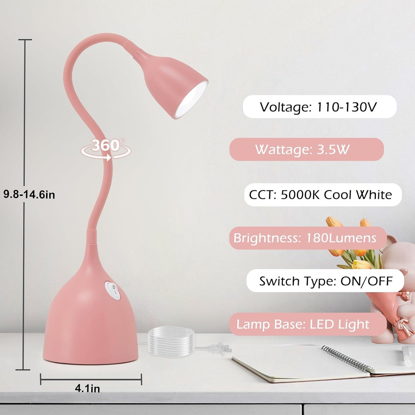EJIAXIN Desk Lamp for Home Office - Clip on Reading Light and Bed Headboard Clamp Lamp, Bedside Gooseneck Table Lamp, Clip on Desk Lamps, Eye-Caring Desk Lamp for College Dorm Room Study Lamp, White