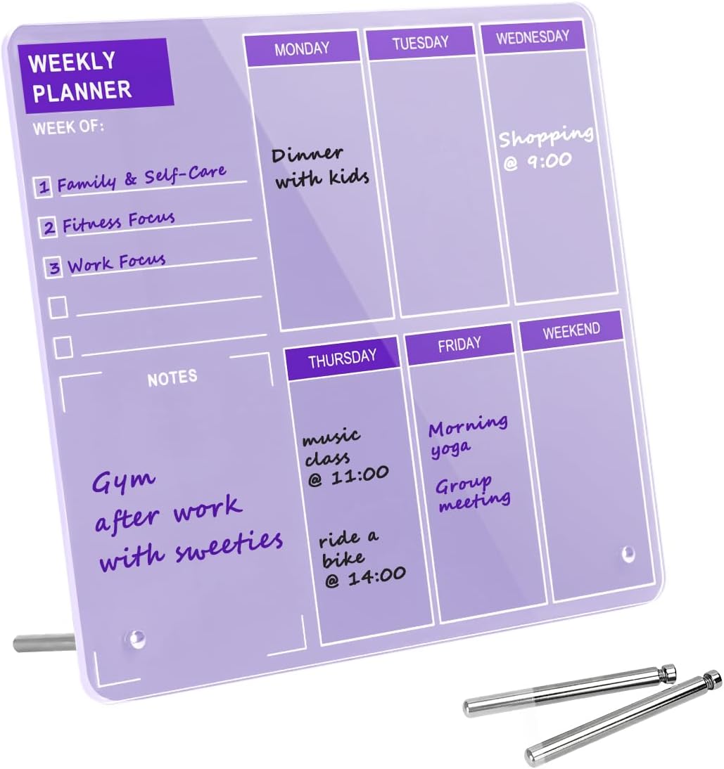 Desktop Thickened Acrylic Dry Erase Board, Weekly White Board with to Do List, Tabletop Whiteboard with Stand, Frameless Dry Erase Pink White Board，9.5"x6.7" for Office, Home, School(Desktop-PK-1724)