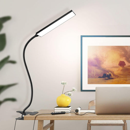 Vansuny Clip on Light LED Desk Lamp with Eye-Caring LED Light and Metal Clip, 6 Level Brightness 3 Color Modes, Power by USB Port 5W Adjustable Neck Reading Lamp for Home and Office (5W, Black)