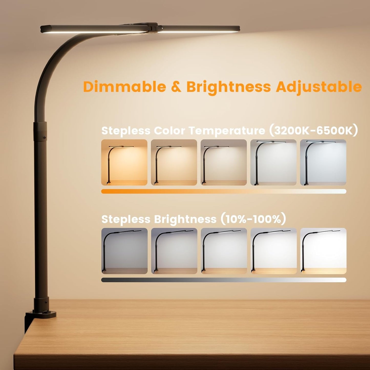 LED Desk Lamp with Base - Bright Dimmable Computer Lamp with Phone Holder, 24W Bendable Desk Light for Monitor Screen, Eye-Caring Tall Desktop Light for Task Home Office Work, Black, Dual Head