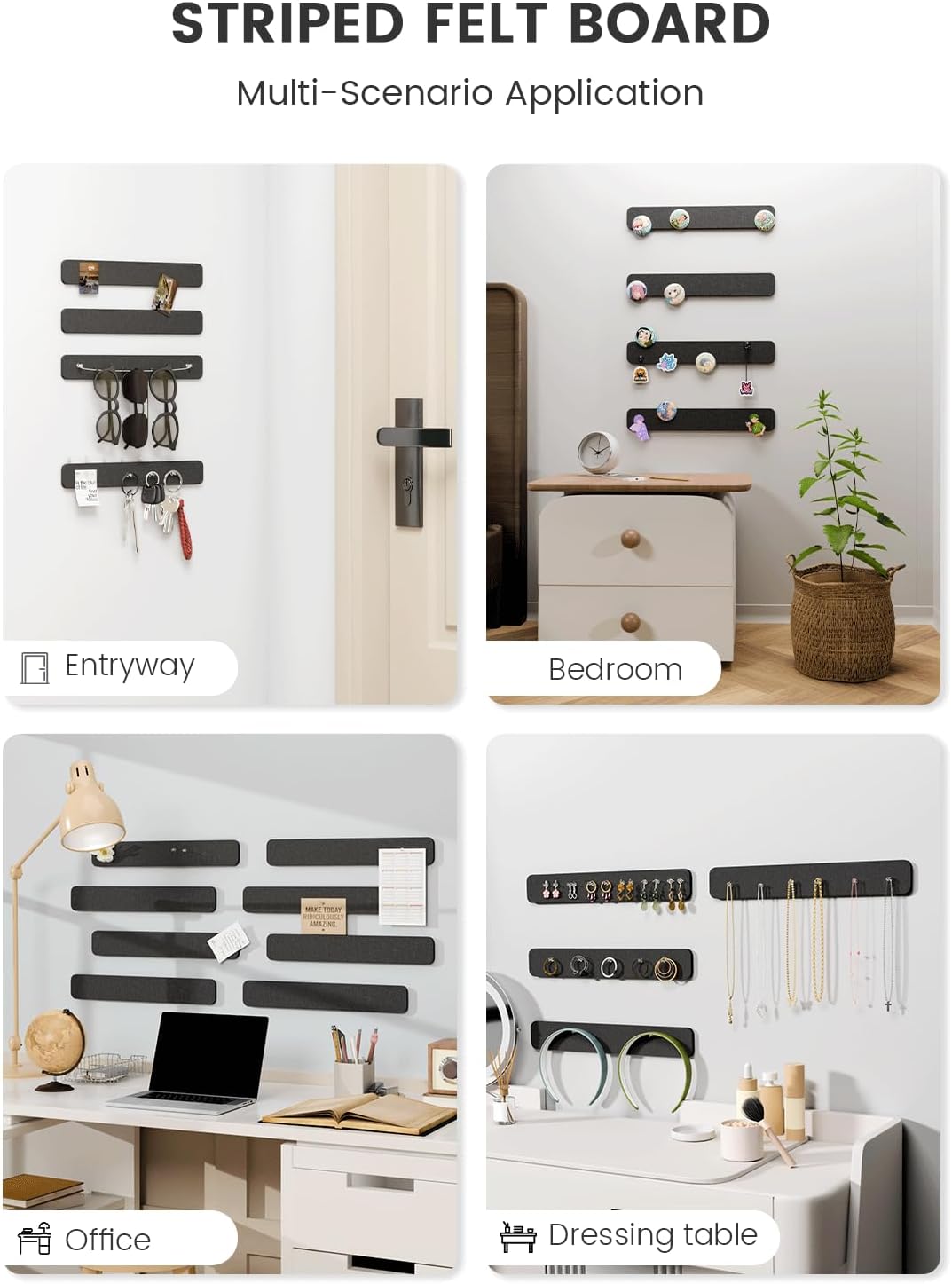 Fluxynara Cork Board Alternative Felt Strip Board 8-Pack 13"x2", Office Pin Board with 50 Push Pins, Adhesive Install for Bedroom Door & Home Office(Linen Dusk)