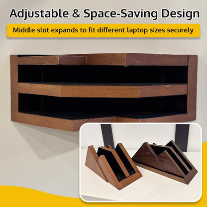 Dual Laptop Holder Vertical Stand 2 Slots Wooden - Dark Brown (Walnut Color) - Vertical Holder for Desk, MacBook Pro & Air, Desktop Organizer Made of Natural Wood, Adjustable Stand for Notebooks