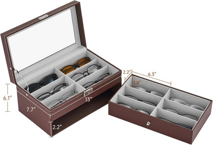 CO-Z Sunglasses Organizer with 12 Slots, Multiple Eyeglasses Eyewear Display Case for Women Men, 2 Story Leather Multi Sunglasses Jewelry Collection Holder with Drawer