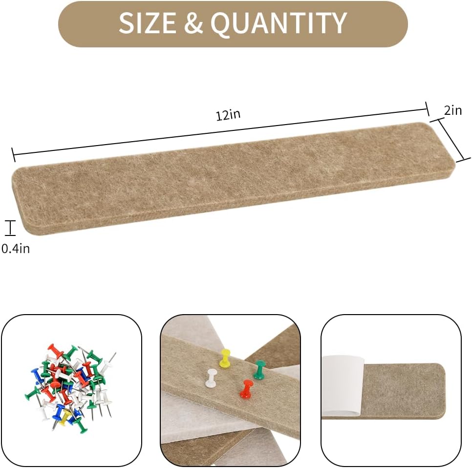 Vuzvuv 8 pcs Bulletin Board Bar Strips with 50 Pushpins & 10 Wooden Clip pins，Self Adhesive Cork Board for Wall，Felt Pin Board for School，Office Decor（Black White Grey）