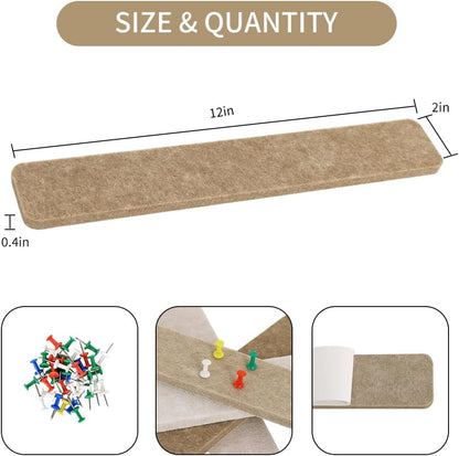 Vuzvuv 8 pcs Bulletin Board Bar Strips with 50 Pushpins & 10 Wooden Clip pins，Self Adhesive Cork Board for Wall，Felt Pin Board for School，Office Decor（Black White Grey）