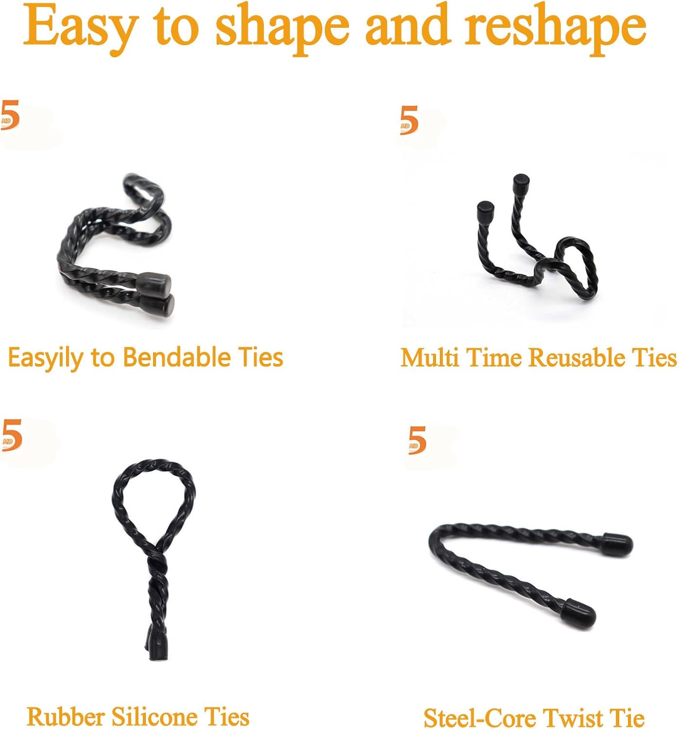 Silicone Cable Ties with Holes, 24PK Reusable Twist Ties for Bundling - 6in, 12in, 18in - Indoor/Outdoor Use (Black)