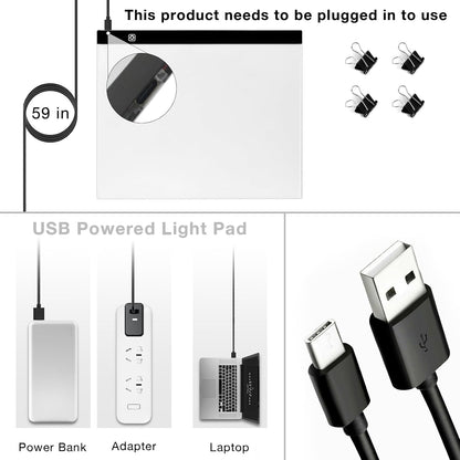 Funshot A3 Led Light Pad Tracing Light Box with USB Power Cable and 4 Fasten Clips,3 Levels of Brightness,Diamond Art Light Board,Sketching,Painting, Sketching,Tracing