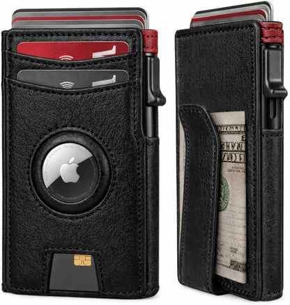 Mens Wallet with AirTag Holder, RFID Blocking, Pop-Up Aluminum Card Holder, ID Window, Money Clip, Fits up to 12 Cards, Slim & Minimalist, Smart, MicroFiber (Black), Gift Box, Billetera para Hombre