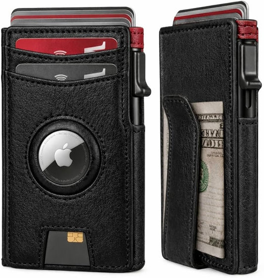 Mens Wallet with AirTag Holder, RFID Blocking, Pop-Up Aluminum Card Holder, ID Window, Money Clip, Fits up to 12 Cards, Slim & Minimalist, Smart, MicroFiber (Black), Gift Box, Billetera para Hombre