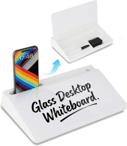 Glass Desktop Whiteboard 15.8×7”, Dry Erase Note Memo Board, Desk Organizer with Storage for Office, Home, Study, Black