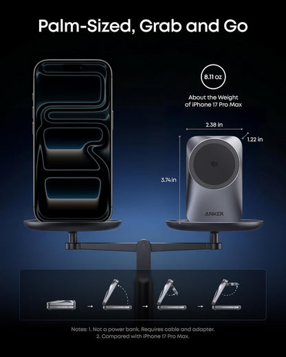 Anker Prime 3-in-1 Charging Station, AirCool Wireless Charger, 25W Qi2.2-Certified Palm-Sized Foldable MagSafe Charger Compatible with iPhone 17, Apple Watch, AirPods (Non-Battery, with Adapter)