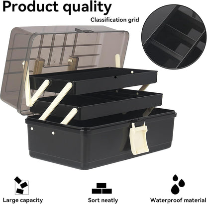 WEWLINE 13-Inch Art Storage Box 3-Layers Plastic Storage Box with Handle Craft Art Bin Portable for Home School Office Travel, Black