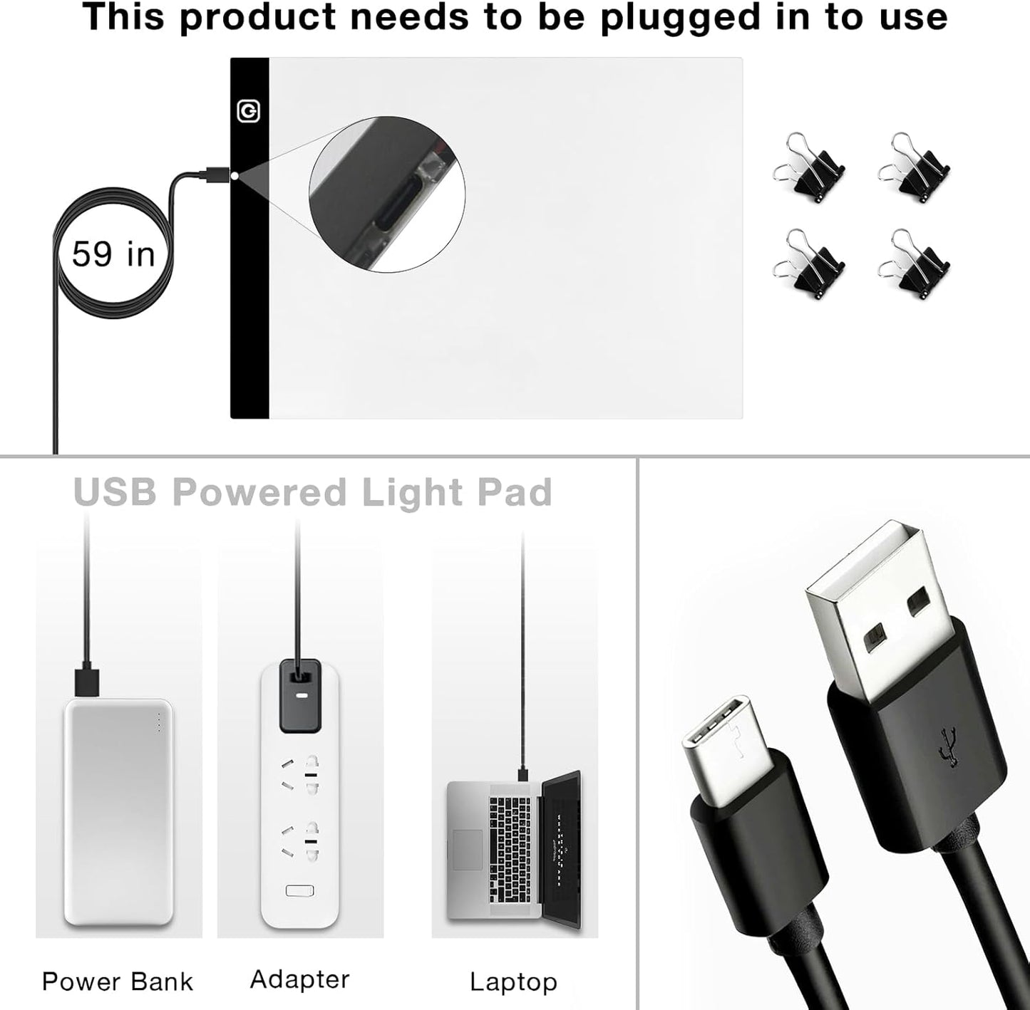 Funshot A3 Led Light Pad Tracing Light Box with USB Power Cable and 4 Fasten Clips,3 Levels of Brightness,Diamond Art Light Board,Sketching,Painting, Sketching,Tracing