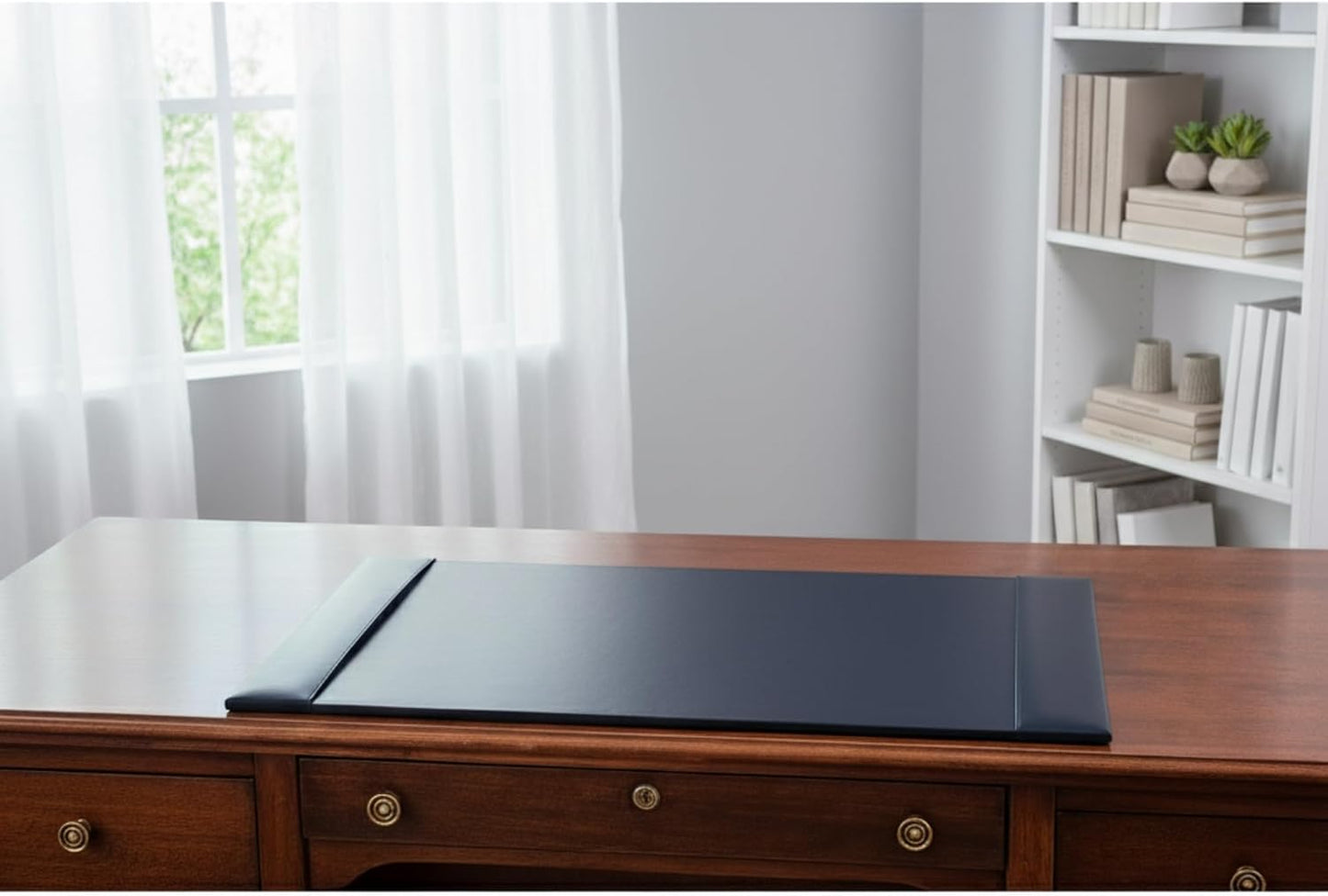 DACASSO Bonded Leather Desk Pad with Side Rails - Luxury Leather Desk Blotter for Writing (30 x 18, Navy Blue)