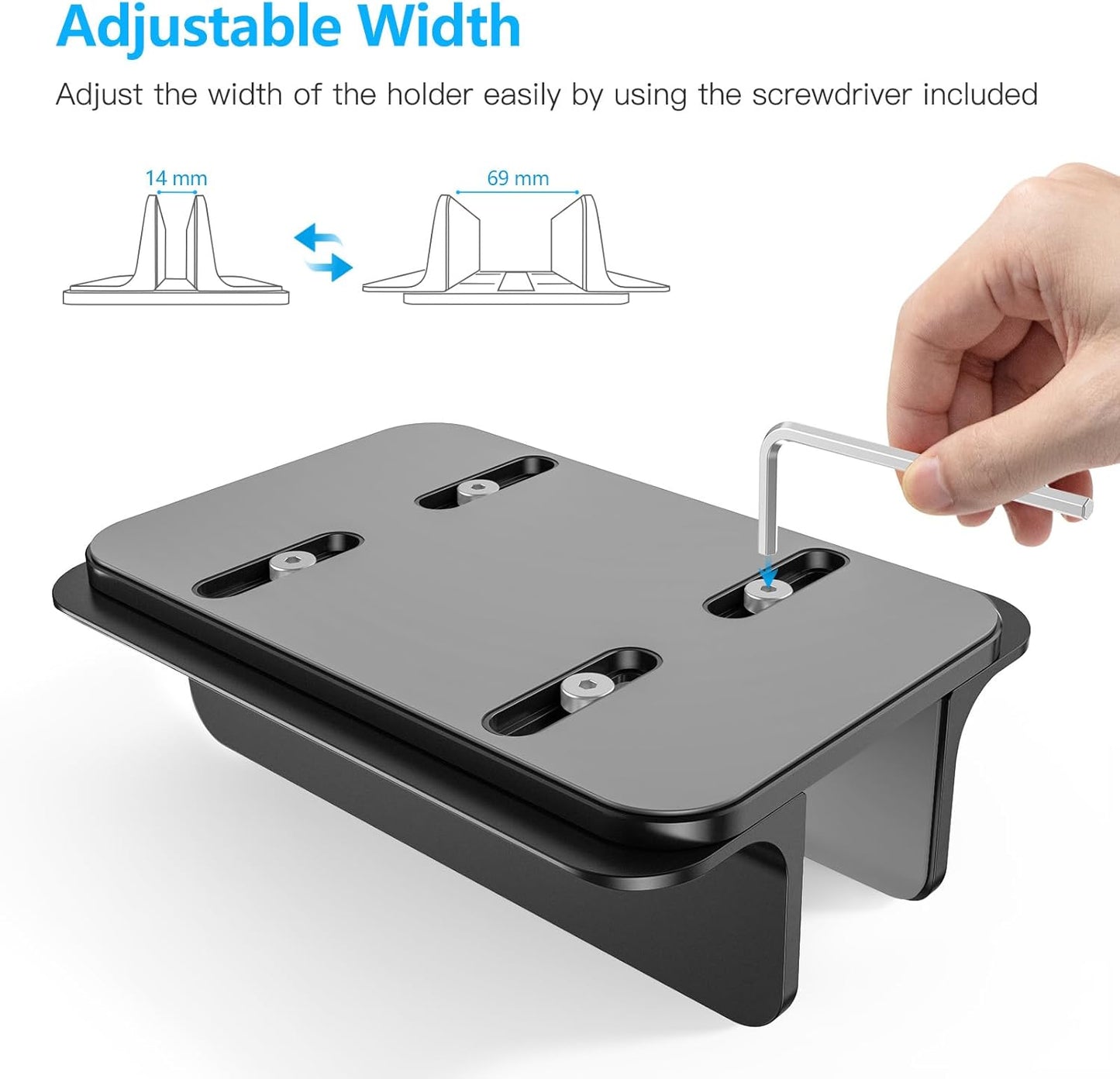 OMOTON Vertical Laptop Stand Holder, Desktop Aluminum Stand for MacBook with Adjustable Dock Size, Fits All MacBook, Surface, Chromebook and Gaming Laptops (Up to 17.3 inches), Silver