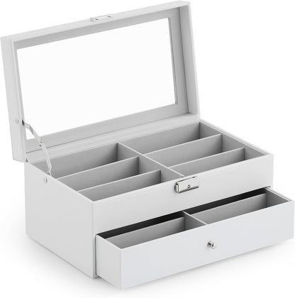 CO-Z Sunglasses Organizer with 12 Slots, Multiple Eyeglasses Eyewear Display Case for Women Men, 2 Story Leather Multi Sunglasses Jewelry Collection Holder with Drawer
