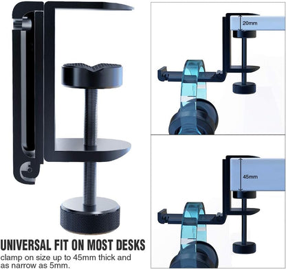 Foldable Headphone Stand Under Desk, Metal Headset Holder Hook for Desk with Cable Organizer, Space-Saving Desk Bag Hook & Backpack Hanger for Gaming Office, Universal Fit, Black