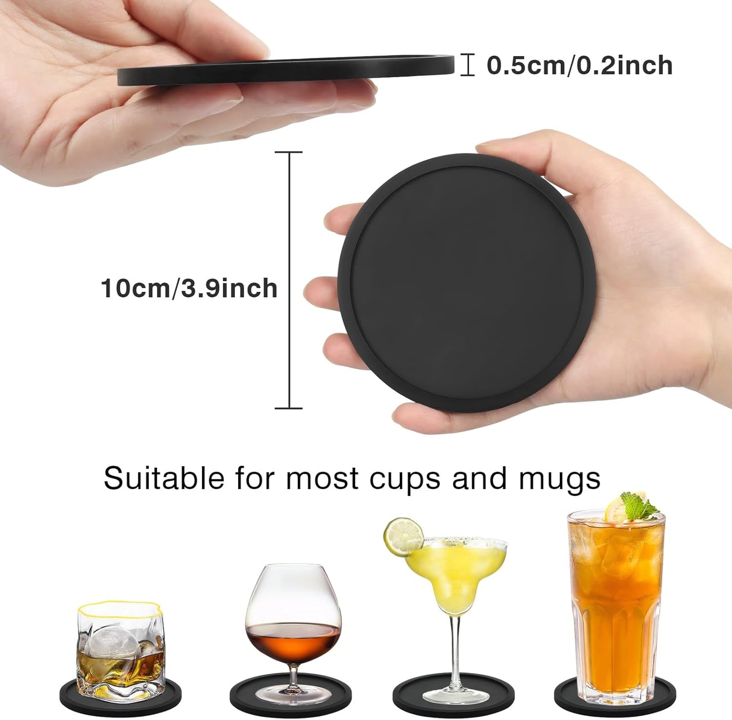 2 Pack Silicone Coasters for Drinks, Round Black Coaster with Deep Tray Grooved Design Cup Mat, Washable Heat Resistant Durable Non-Slip Coasters for Coffee Table Wooden Desk Kitchen Bar