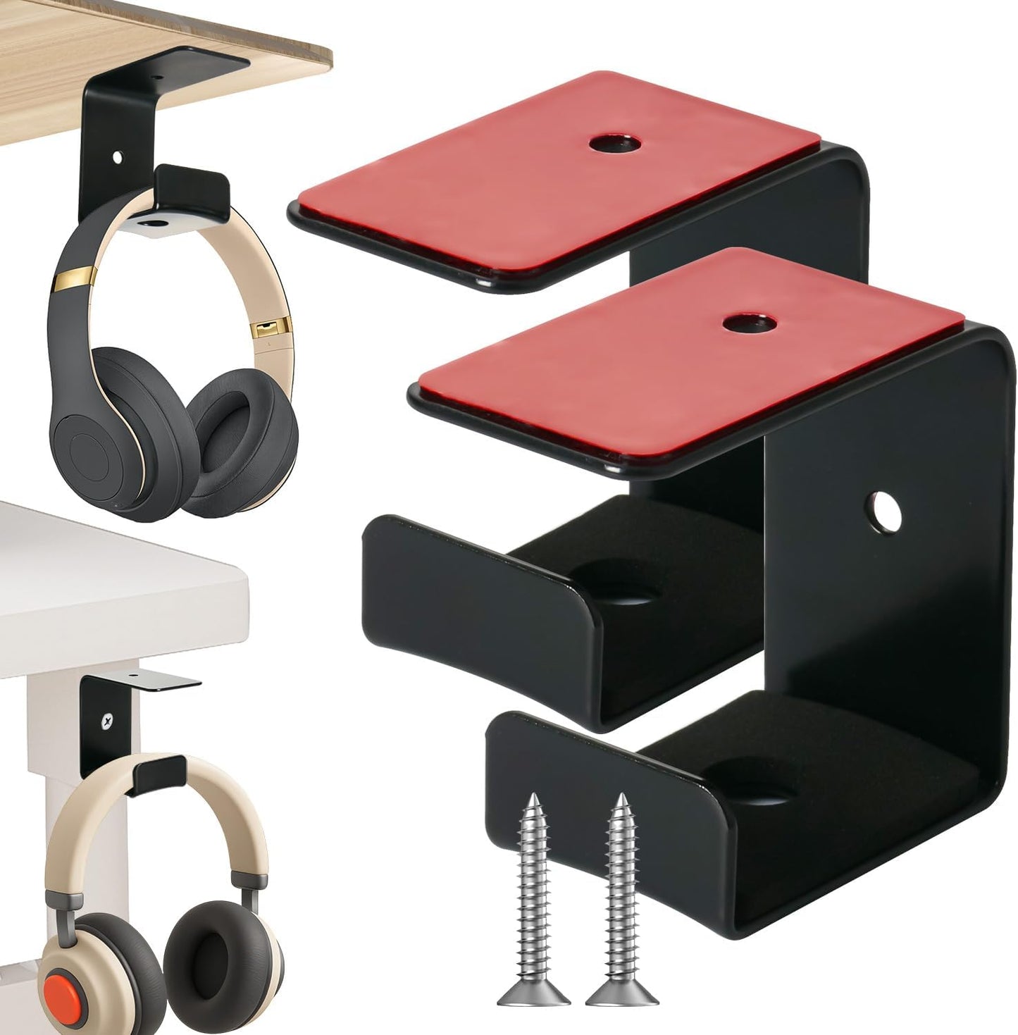 Strong Adhesive Headphone Holder Under Desk, Aluminum Headset Mount Hook with Rubber Pad - 2 Installation Styles for Gaming, Office, Classroom (1 Pack)