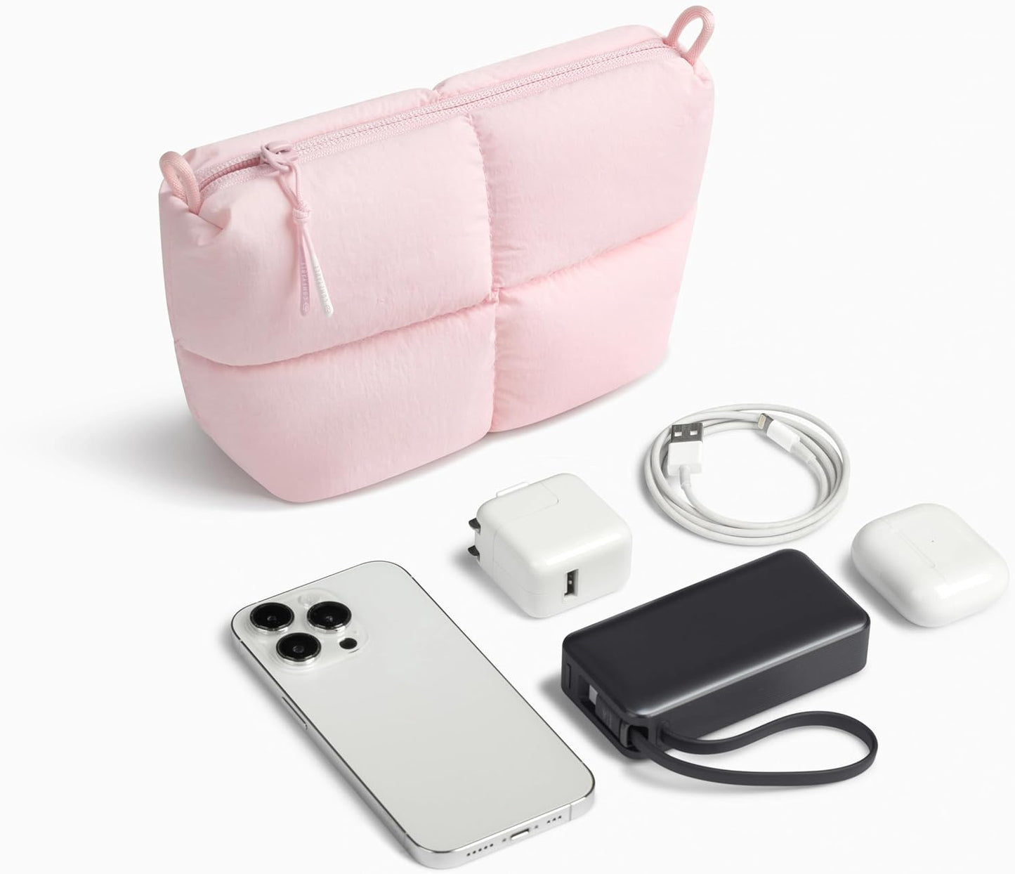 Comfyable Puffy Electronics Organizer Travel Case, Cute Tech Pouch for Women Men, Cable Storage Bag for Charger, Phone, Power Bank, Cord, Compact Tech Accessories Pouch, Rice