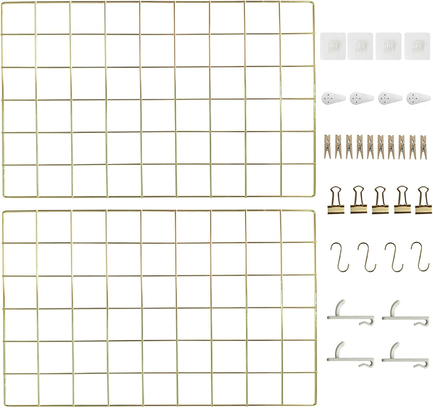 CIKLCIX Metal Grid Wall Panel, Wire Grid Photo Display Organizer, 17.3"×11.8" Gold Wire Board Grid Wall, Grid Picture Frame, 2-Pack Wire Mesh Memo Board With Clips and Hooks
