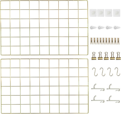 CIKLCIX Metal Grid Wall Panel, Wire Grid Photo Display Organizer, 17.3"×11.8" Gold Wire Board Grid Wall, Grid Picture Frame, 2-Pack Wire Mesh Memo Board With Clips and Hooks