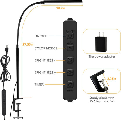 LED Desk Lamp with Clamp, Eye-Protection Clip on Desk Lamp, 5 Modes 10 Brightness Adjustment, 360°Flexible Gooseneck Lamp for Home Office ，Lights with USB Adapter (Black, Mini)