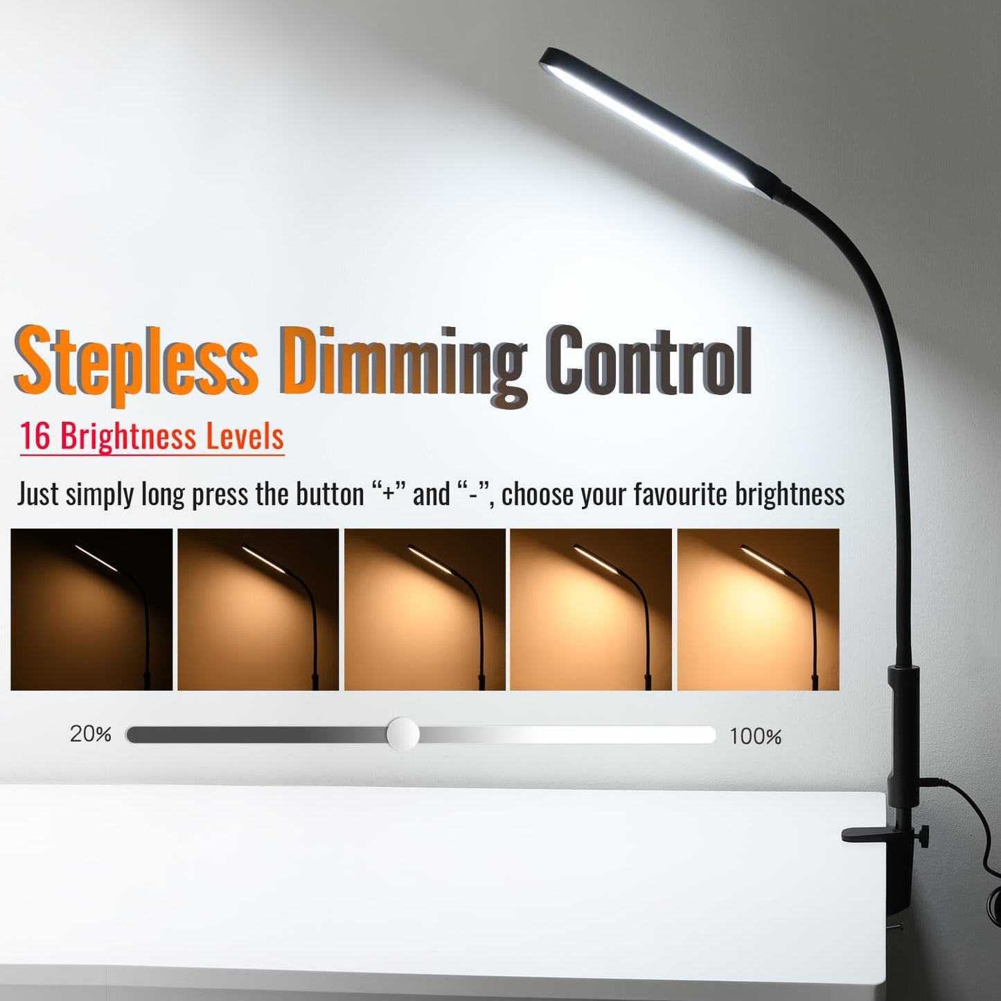 LED Desk Lamp with Clamp, Clamp Light, Tall Desk Lamp with Long Gooseneck, 11W, 850 LMS, 3 Color Modes, 10 Brightness Levels, Eye-Caring, Clip on Desk Light for Reading, Home, Office