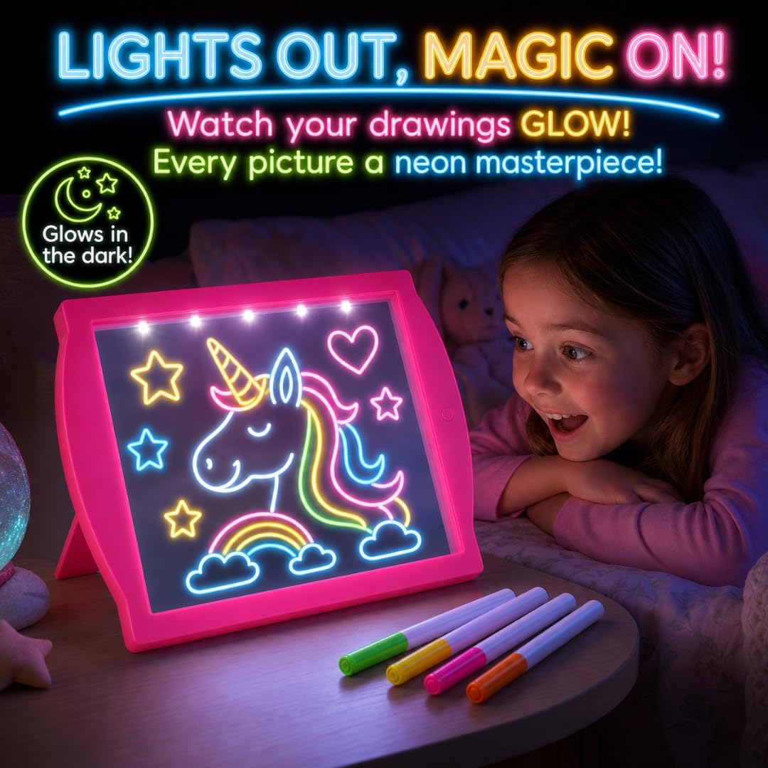 Marvin's Magic Glow Art Neon LED Drawing Board for Kids - Pink Doodle Board with Glow in the Dark Markers - Light Up Tracing Pad and Drawing Tablet - Mess Free Arts and Crafts Set Ages 5+