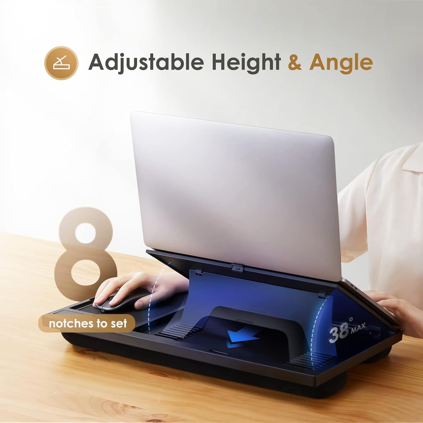 Adjustable Lap Desk for Laptop-Fits Laptops up to 15.6 Inch, Bed Desk Tray Table with Cushion, 8 Angles, Mouse Pad & Cellphone Slot, Laptop Desk for Bed, Office,Car or Couch