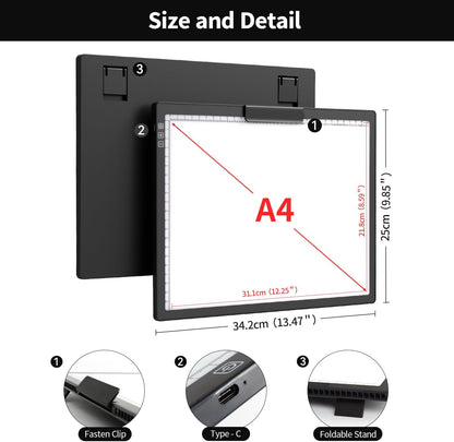 Rechargeable A4 Light Box with Padded Case,led Light pad with Built-in Stand & Clip,6 Levels of Brightness lightbox for tracing,Diamond Painting.Light Table for Artists,Drawing,Sketching,Animation