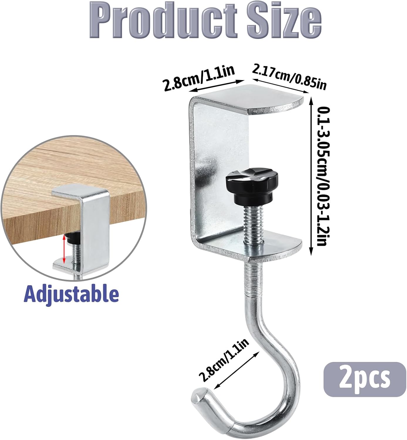 2PCS Desk Mount Bag Holder Hook, Desk Hook with Adjustable Arm Clamp Under Table Handbag Hanger Purse Hooks Portable Clamp-On Backpack Hanger for Table, Under Counter(Silver)