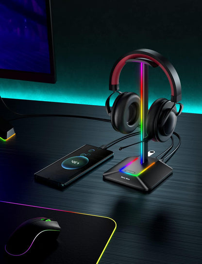 New Bee Headphone Stand with RGB Lighting, Sturdy Aluminum Gaming Headset Holder with USB-C & USB Charging Ports, Stable Desktop Earphone Stand for All Headphones Size, Black