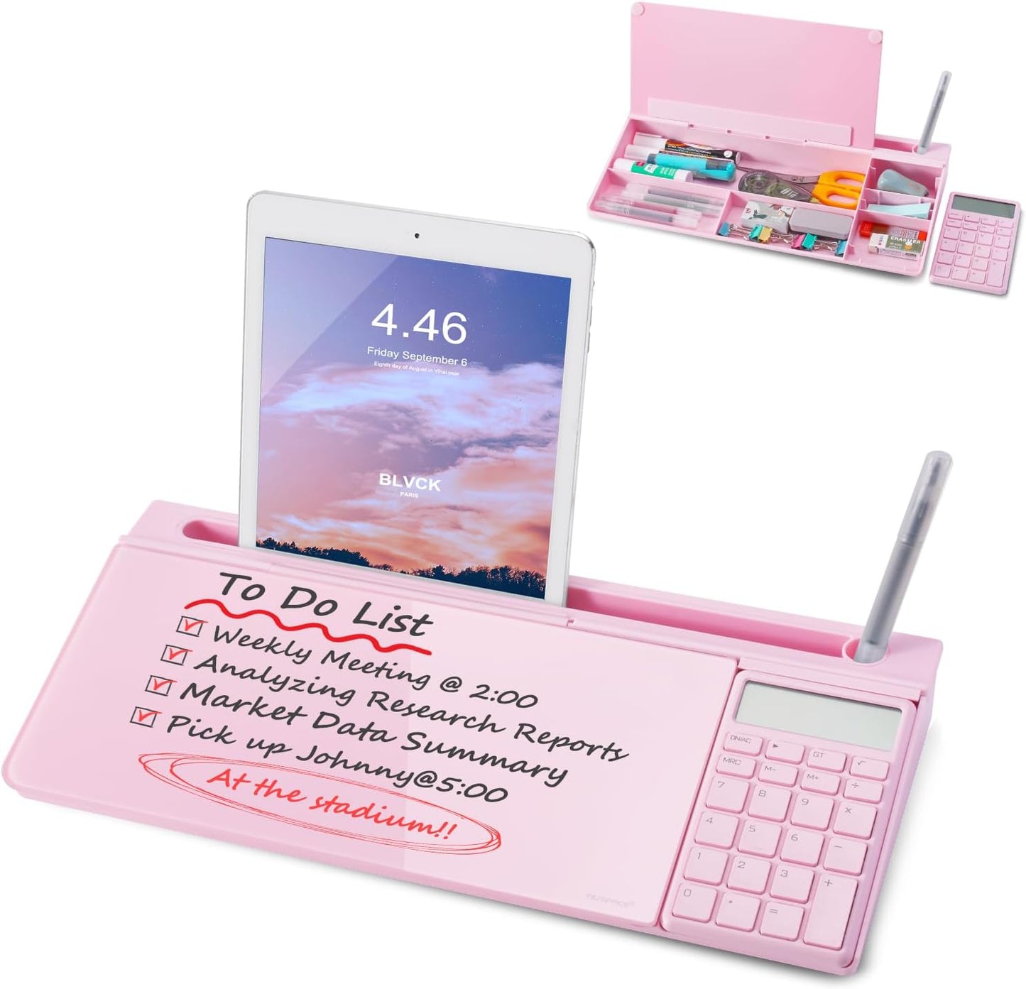 TSJ OFFICE Small Desktop Whiteboard -Glass Dry Erase Board Computer Keyboard Stand White Board Surface Pad with Drawer, Desk Organizers with Accessories for Office, Home, School Supplies - White