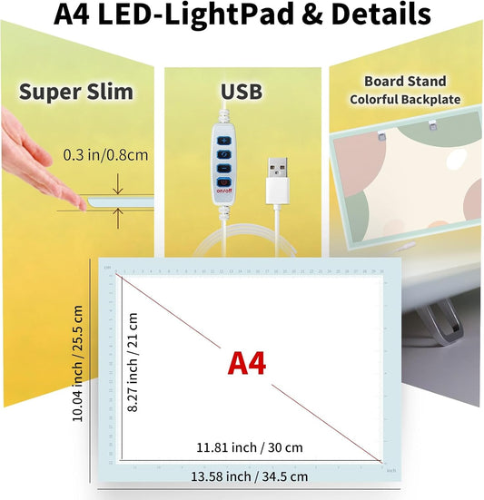 A4 LED Copy Board Light Tracing Box，Trace Light Pad for Tattoo Transferring, Drawing, Streaming, Sketching, Animation, Stenciling，USB LED Light Board for Diamond Painting