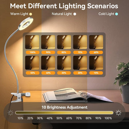 Skymore Clip on Light -3 Color Modes&10 Brightness LED Reading Desk Light with Clamp Flexible Gooseneck Book Light for Kids' Bedtime Reading, Zoom Meetings, Clip on Table, Headboard, Dorm&Office Use