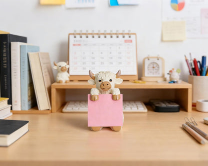 Highland Cow Pop-up Sticky Note Dispenser, Includes 1 Pad of 3x3 in Super Sticky Notes, 100 Sheets, Resin Cute Handmade Desk Holder for Office & Home-Beige