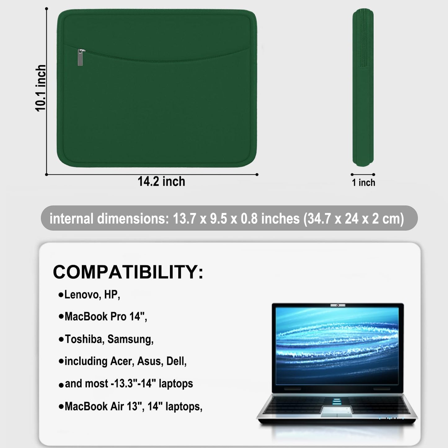 Laptop Sleeve Case 14 inch, Shockproof Protective Laptop Cover Briefcase Carrying Computer Bag with Accessory Pocket Portable Computer Sleeve for 14" MacBook, HP, Dell, Lenovo, Acer, Black