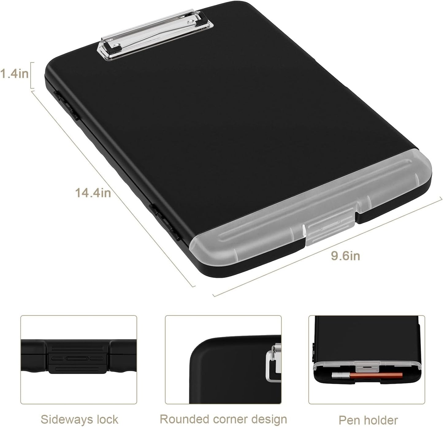 Piasoenc Clipboard with Storage, 8.5 x 11 Organization Box with Pen Holder and A4 Legal Paper Folder, Folio & Side-Opening, Low Profile Clip,for Nurses,Teachers, Size 14 x 9.6 x 1.2 in, Black