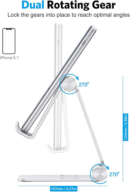 OMOTON Foldable Cell Phone Stand, C4 Portable Aluminum Phone Holder, Adjustable Phone Dock Cradle for iPhone 17/16/15 Pro Max Air, Small Tablets, Smart Phones, Women Men Gift for Fathers Day, Silver
