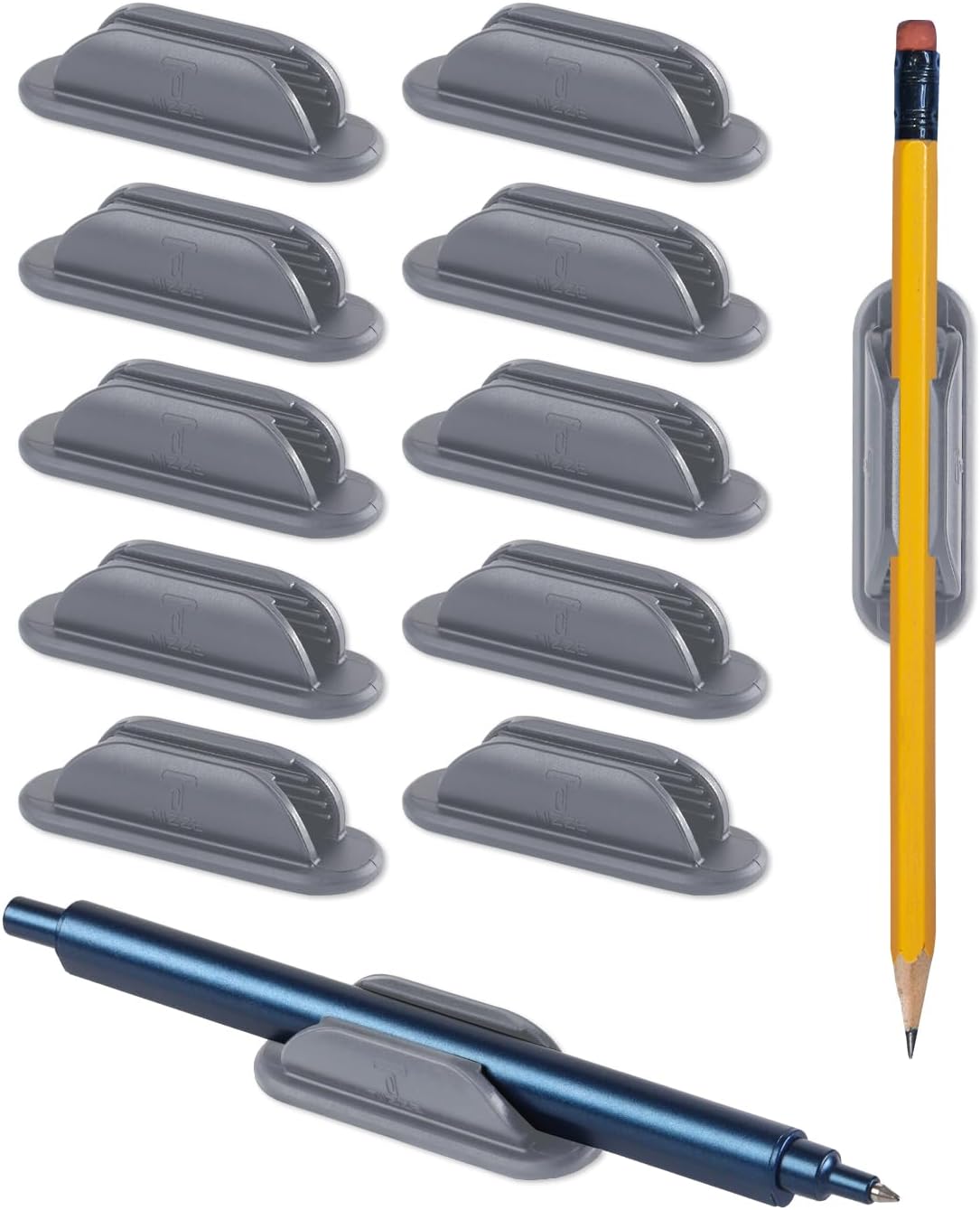 Tiizze 10 Pack Adhesive Pencil Holder for Desk, Silicone Pen Holder for Wall, Clipboard & Laptop with 15 Upgraded Sticky Pads, Rugged Grip Pencil Holders for Classroom Teacher Essentials (Black)