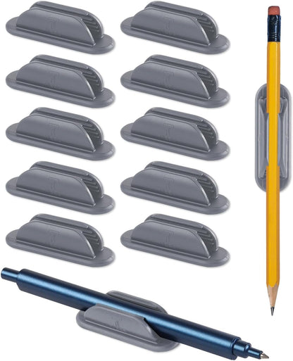 Tiizze 10 Pack Adhesive Pencil Holder for Desk, Silicone Pen Holder for Wall, Clipboard & Laptop with 15 Upgraded Sticky Pads, Rugged Grip Pencil Holders for Classroom Teacher Essentials (Black)