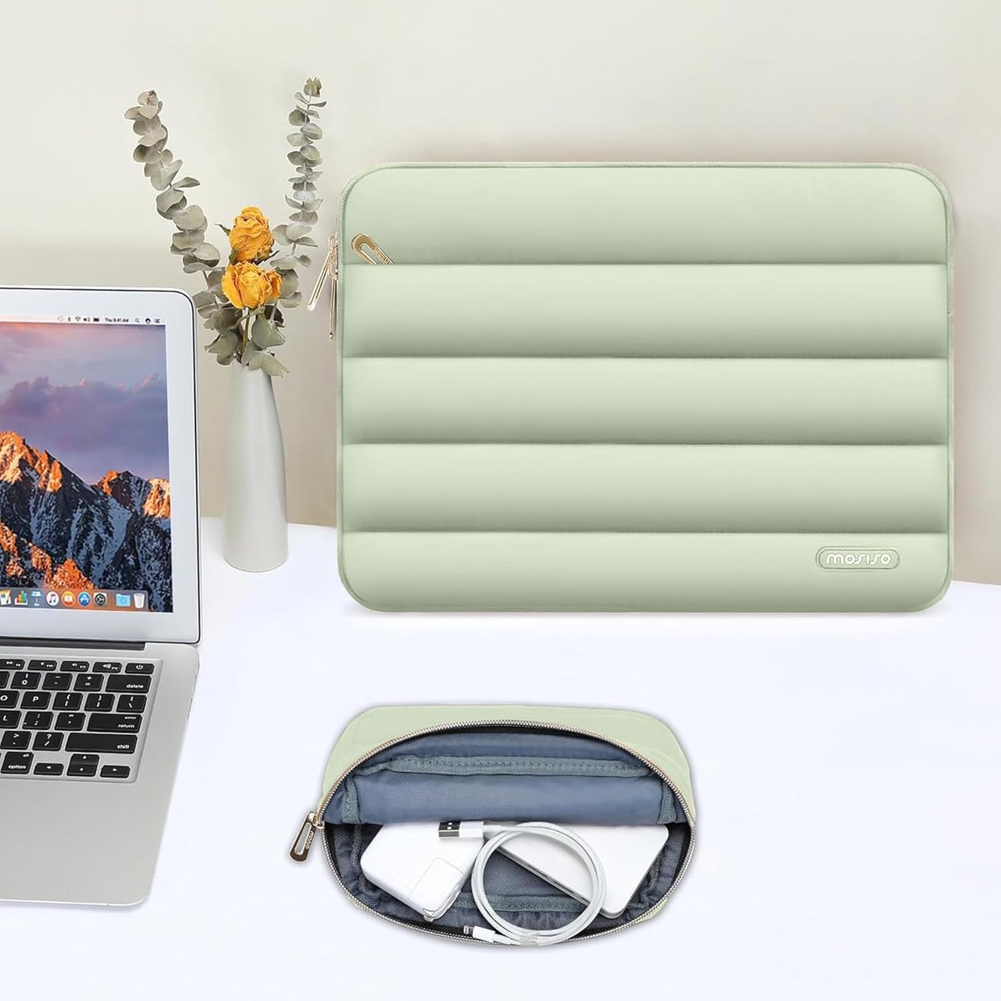 MOSISO Laptop Case 13.3 inch,13-13.3 inch Puffy Laptop Sleeve Compatible with MacBook Neo/Air 13.6 M5 M4 M3 M2 M1/Pro 13/14,HP Dell ASUS Lenovo,Polyester Horizontal Bag with Small Case, Sand