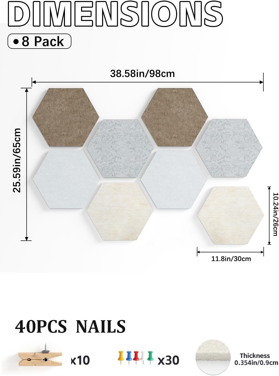 8 Pack Hexagon Felt Bulletin Board Tiles - 12" Large Thick Pin Board for Walls with 30 Push Pins, DIY Boards for Office Home School Decor, Aesthetic Hex Cork Board Alternative
