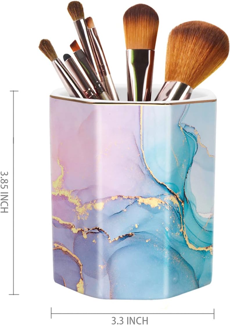 Pen Holder, Pencil Holder for Desk, Marble Desk Organizer Cute, Durable Ceramic Pencil Cup, Decorative Makeup Brush Holder Cup, Stationery Holder for Office, Home, Gray Marble