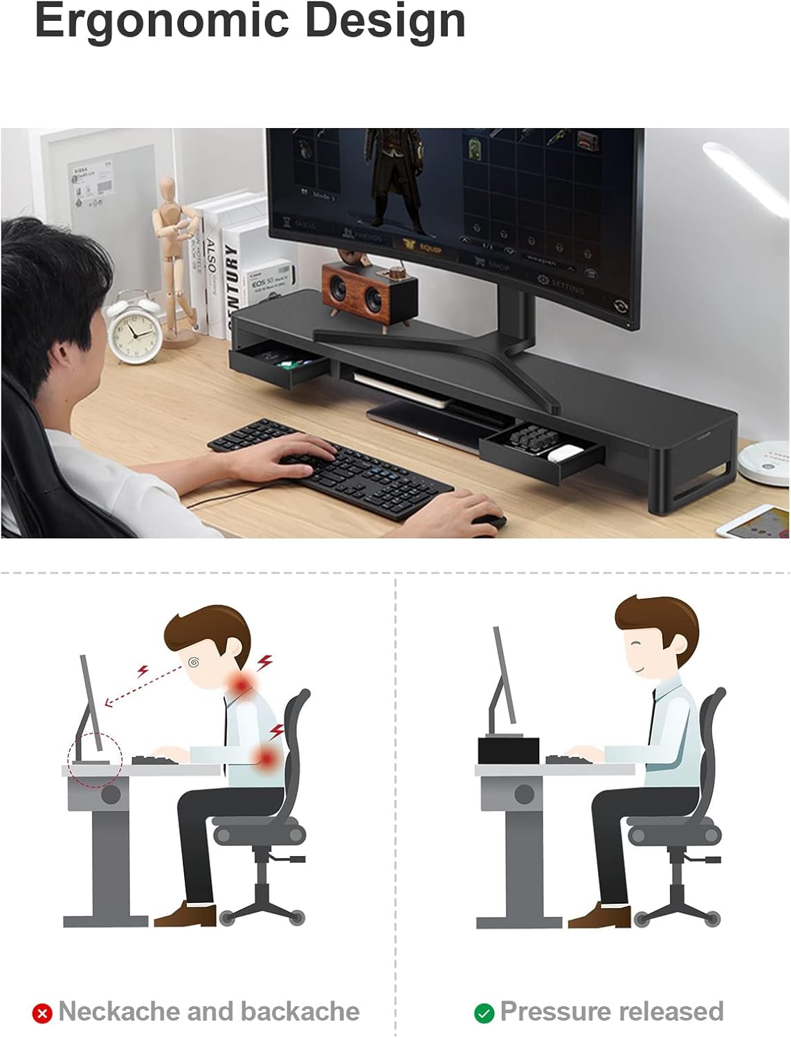 meatanty 3 In 1 Monitor Stand Riser with 2 Drawers,1 Wireless Charging Module and 4 USB Ports,Metal Computer Stand Support Transfer Data & Charging,Desk Organizer for PC,iMac (21 inches)