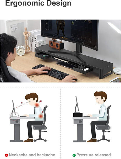 meatanty 3 In 1 Monitor Stand Riser with 2 Drawers,1 Wireless Charging Module and 4 USB Ports,Metal Computer Stand Support Transfer Data & Charging,Desk Organizer for PC,iMac (21 inches)