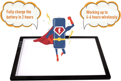 YINGWOND Rechargeable A4 LED Light Pad with Padded Case, Tracing Light Box w/Riser Stands and Paper Clip, 6 Levels of Brightness, Type-c Cable, Wireless Diamond Painting Light Board