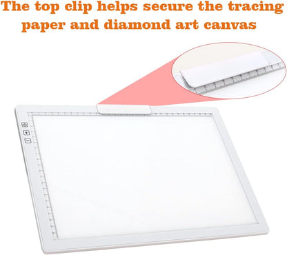YINGWOND Rechargeable A4 LED Light Pad with Padded Case, Tracing Light Box w/Riser Stands and Paper Clip, 6 Levels of Brightness, Type-c Cable, Wireless Diamond Painting Light Board
